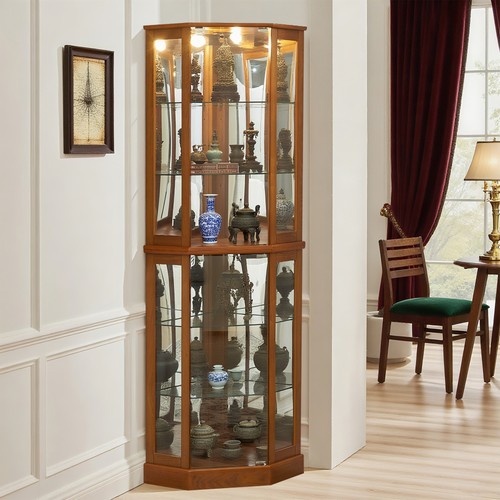Wooden lighted curio - wooden, corner
